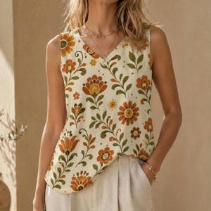 Top floral retro, camiseta sin mangas con cuello en V y estampado botánico.