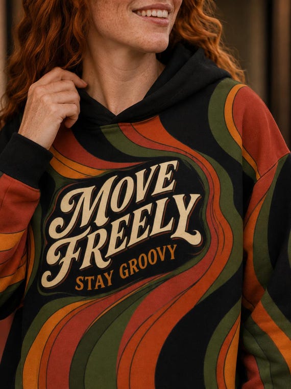 Move Freely 70s Retro Wave Hoodie, Unisex All-Over Print Drop-Shoulder Pullover