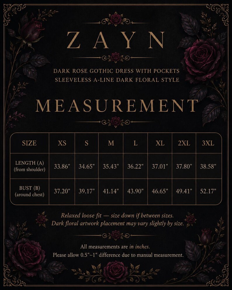 Puede incluir: Una tabla de tallas negra para un vestido g&oacute;tico ZAYN de rosas oscuras con bolsillos, estilo floral sin mangas en l&iacute;nea A. La tabla enumera las medidas de largo y busto en pulgadas para las tallas XS a 3XL, con una nota sobre el ajuste holgado.