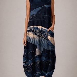 Abstract Wave Midi Dress, Sleeveless Balloon Hem Dress with Pockets