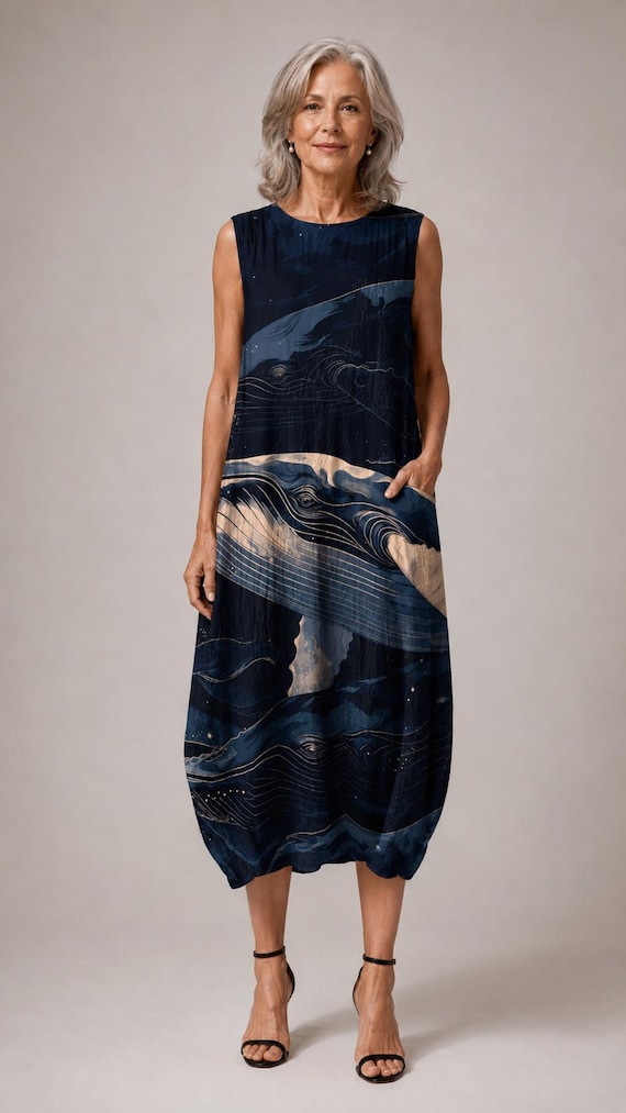 Abstract Wave Midi Dress, Sleeveless Balloon Hem Dress with Pockets