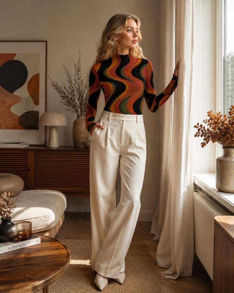 May include: A long-sleeve mock neck top featuring a wavy, multi-colored pattern in shades of black, orange, yellow, and green, paired with high-waisted, wide-leg cream trousers that feature a front pleat and a structured waistband.