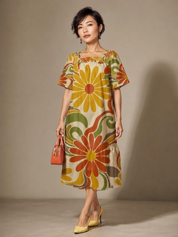 Retro Floral Maxi Dress, Square Neck