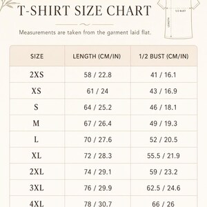 May include: A T-shirt size chart displaying measurements in centimeters and inches for sizes 2XS through 4XL. The table includes columns for length and 1/2 bust, with a line drawing of a T-shirt showing where these measurements are taken.