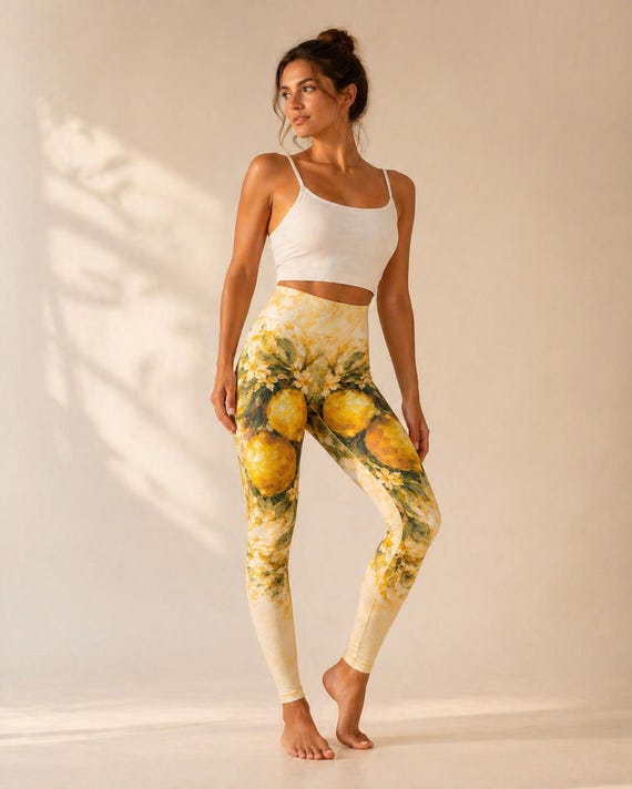 Amalfi Coast Lemon Yoga Leggings, Mediterranean Summer Activewear, Italian Coastal Workout Pants