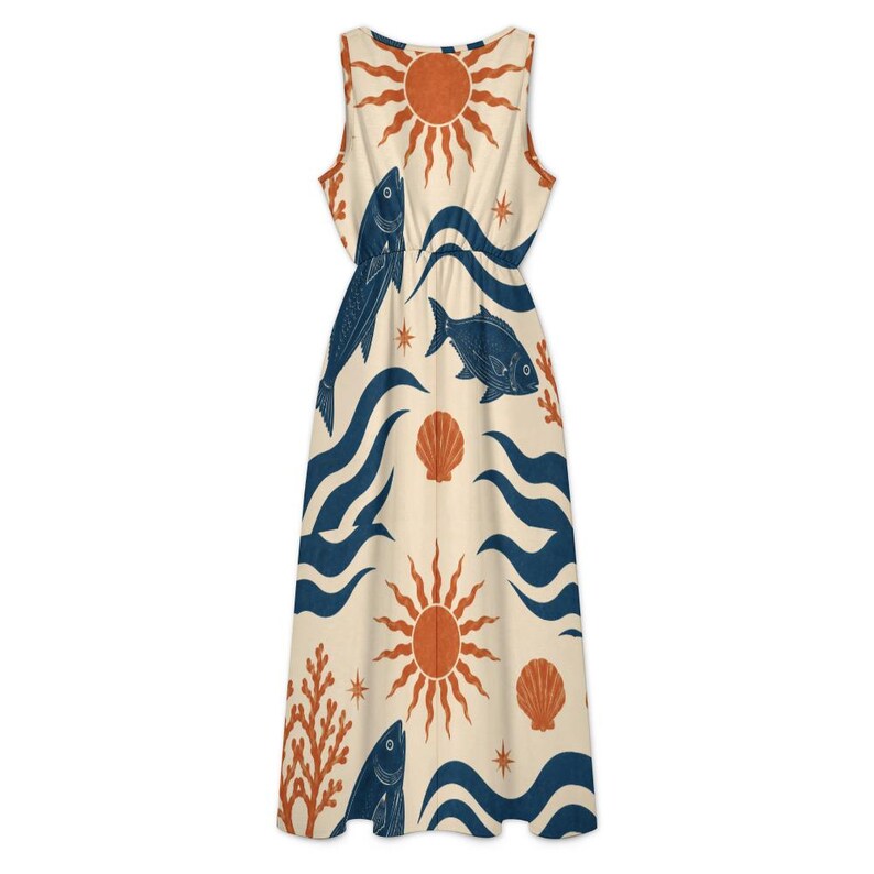 Mediterranean Fish Maxi Dress, Sleeveless V-Neck Coastal Resort Seaside Vacation Dress image 11