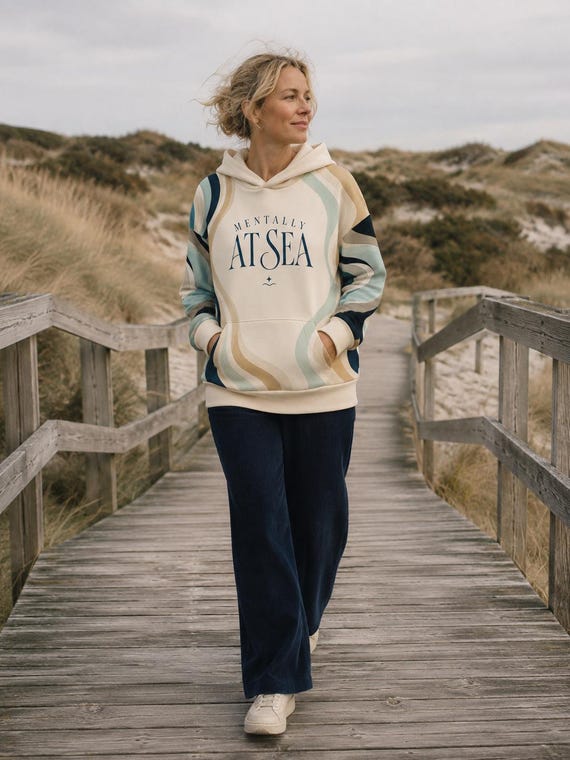 Mentally at Sea Retro Wave Hoodie, Coastal Drop-Shoulder Pullover, S–6XL