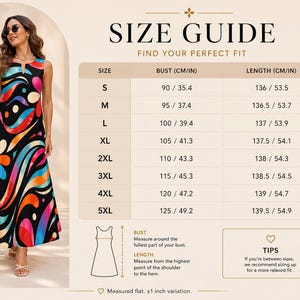 May include: A sleeveless maxi dress with a colorful abstract design in shades of blue, orange, pink, and white on a black background. The image includes a size guide with bust and length measurements in inches and centimeters.