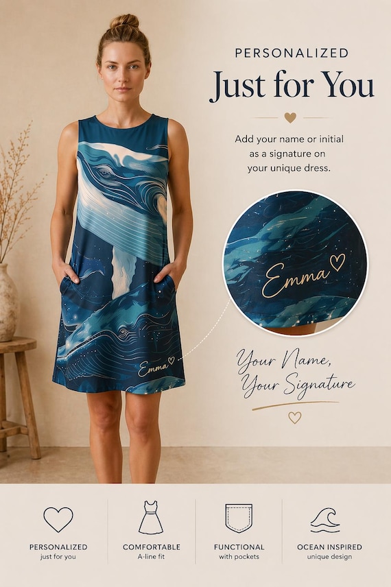 Personalized Whale Dress, Custom Name Ocean A-Line, Beach Summer Outfit