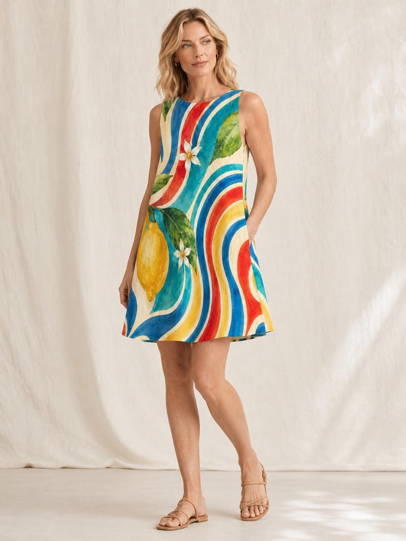 May include: A sleeveless mini dress featuring a vibrant pattern of yellow lemons, green leaves, and white blossoms set against a background of wavy, vertical stripes in shades of red, yellow, and blue. The dress has a round neckline and side pockets.