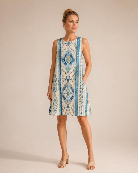 Mediterranean Tile Dress, Coastal Vacation, Blue White Resort, Amalfi Summer, Travel Outfit