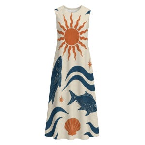 Mediterranean Fish Print Midi Dress, Cotton Slub Resort Dress with Pockets image 14