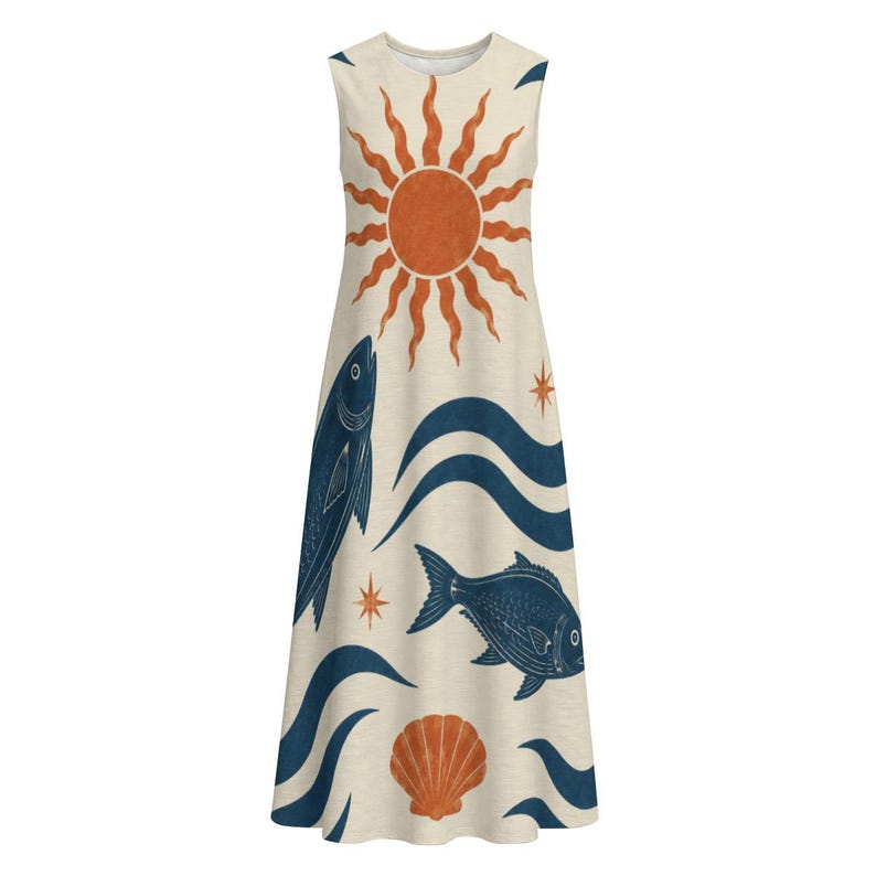 Mediterranean Fish Print Midi Dress, Cotton Slub Resort Dress with Pockets image 14