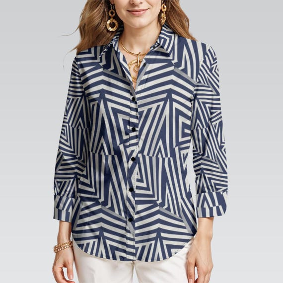 Navy Geometric Print Shirt - Women's Long Sleeve Button-Down