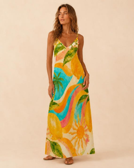 Colorful Tropical Maxi Dress, Retro Sun Palm Lemon Print, Resort Wear