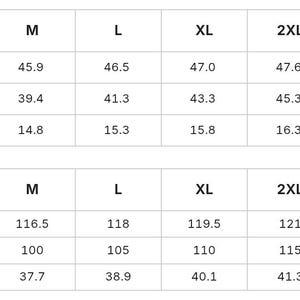 May include: A size chart table displaying measurements in inches and centimeters for sizes S through 5XL. The table lists length, bust, and shoulder dimensions for each size, with a gray circle icon next to the 4XL label in the inch section.