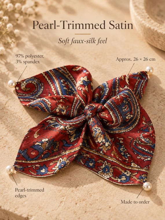 Red Navy Paisley Bow Scrunchie, Boho Satin Hair Scarf, Vintage Style Accessory