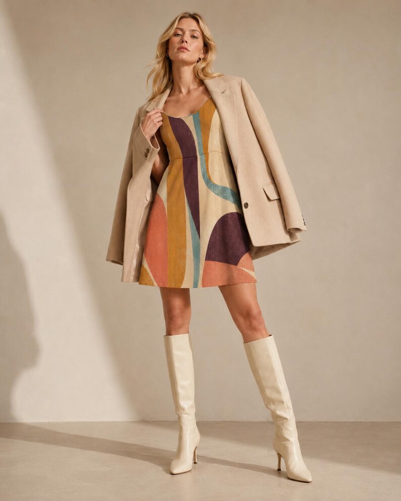 May include: A sleeveless mini dress featuring a multi-colored abstract pattern in shades of mustard, deep purple, teal, and terracotta. The dress is paired with a beige blazer draped over the shoulders and cream-colored knee-high heeled boots.