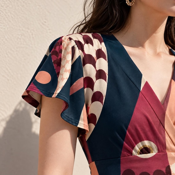 70s Geometric Midi Dress, Pink Navy Abstract Print, V Neck Retro Flutter Sleeve Dress