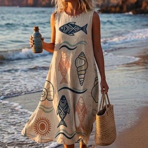 Vestido midi de algodón con estampado de peces costeros, sin mangas, corte en A, ideal para el verano.