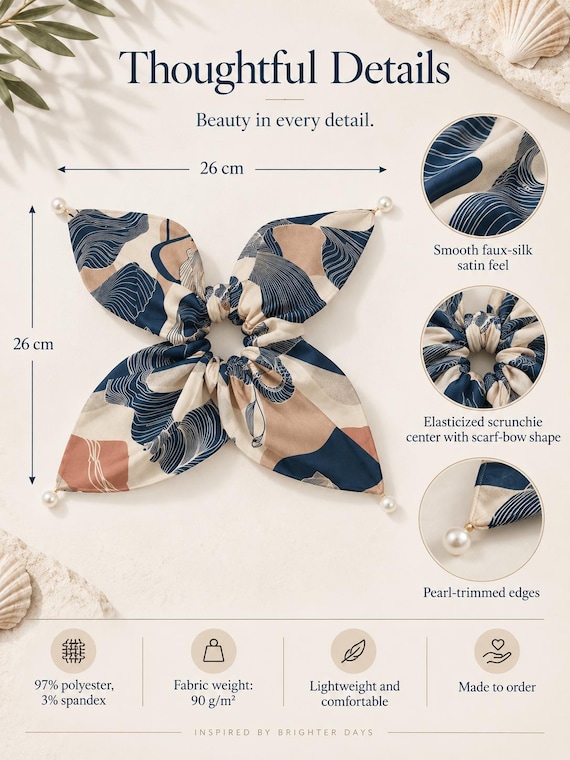 Seashell Bow Scrunchie, Cream Navy Satin Hair Scarf, Coastal Summer Accessory