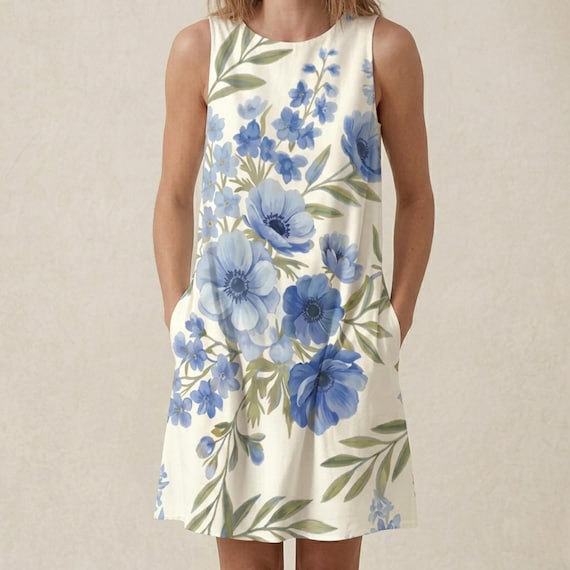 Blue Floral A Line Dress With Pockets, Mediterranean Summer Midi Dress, Vacation Sundress for Women