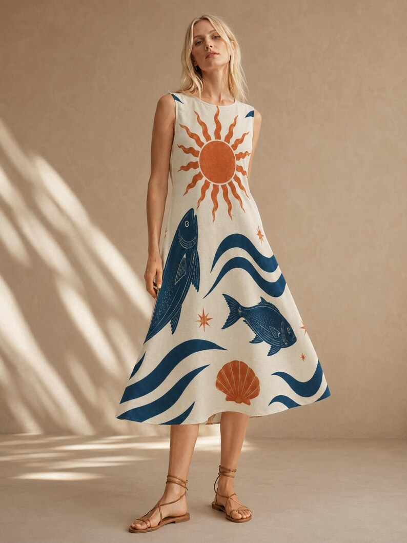 Mediterranean Fish Print Midi Dress, Cotton Slub Resort Dress with Pockets image 4