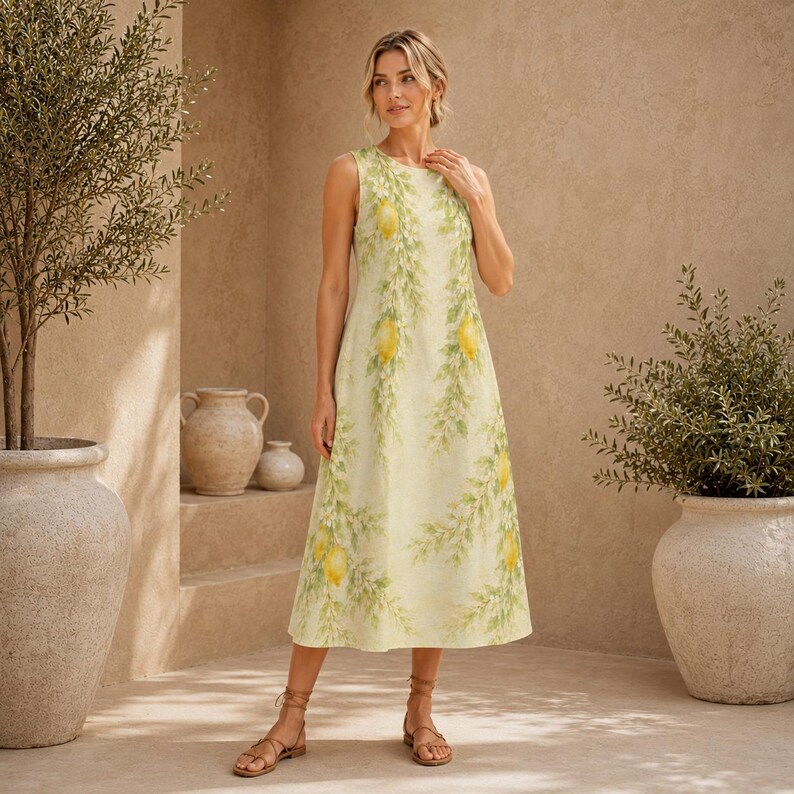 May include: A sleeveless midi dress in a pale yellow hue, featuring a repeating pattern of bright yellow lemons and green leafy branches. The dress has a round neckline and a straight, relaxed silhouette that falls below the knees.