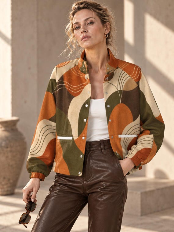 Women's Retro Abstract Fleece Jacket, Burnt Orange and Olive, Snap Front with Zip Pockets