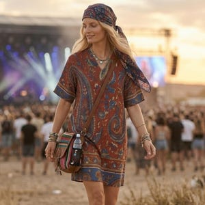 K&ouml;nnte beinhalten: Eine Frau in einem rostfarbenen Kleid mit Paisley-Muster und passendem Kopftuch sowie einer braunen Leder-Umh&auml;ngetasche. Das Kleid hat blaue und wei&szlig;e Paisley-Details. Die Tasche hat einen Wasserflaschenhalter.