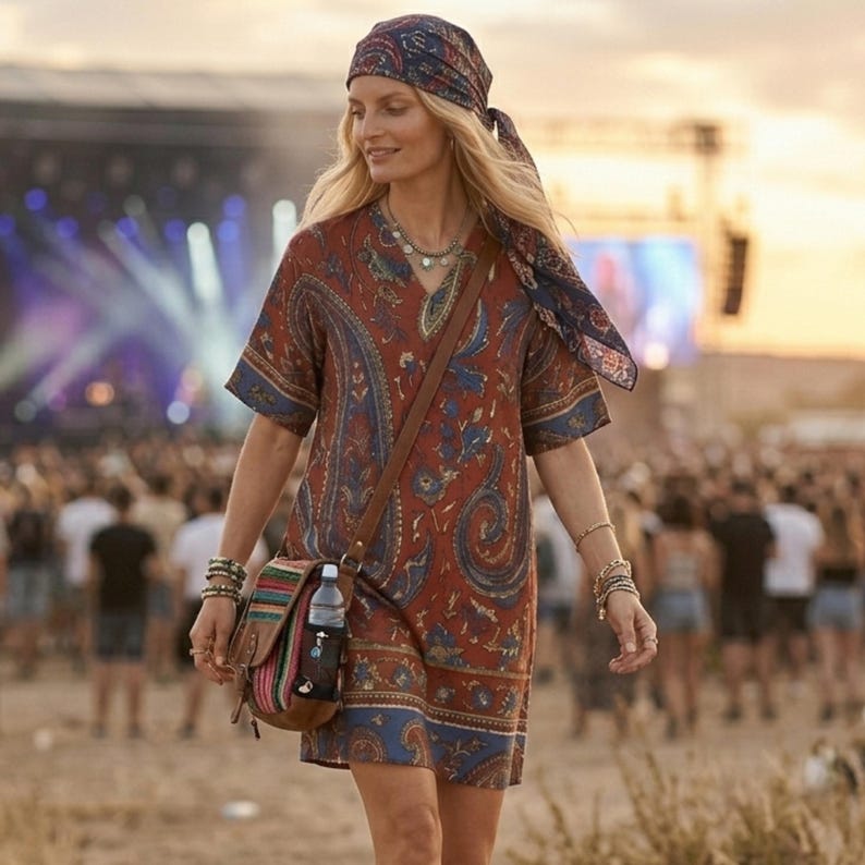 K&ouml;nnte beinhalten: Eine Frau in einem rostfarbenen Kleid mit Paisley-Muster und passendem Kopftuch sowie einer braunen Leder-Umh&auml;ngetasche. Das Kleid hat blaue und wei&szlig;e Paisley-Details. Die Tasche hat einen Wasserflaschenhalter.