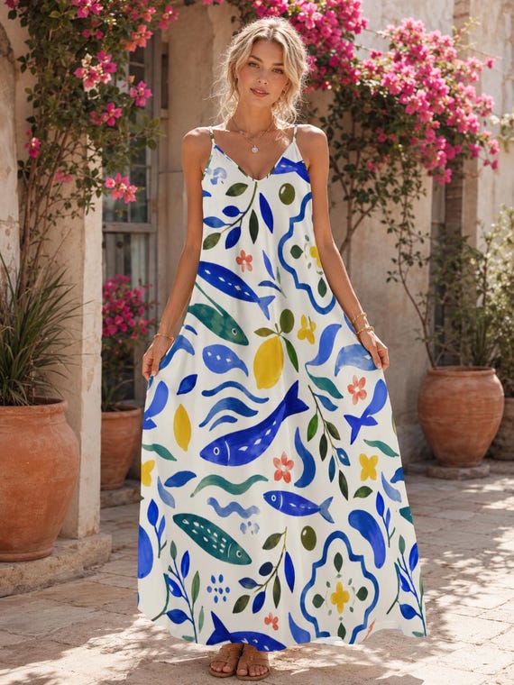 Mediterranean Sardine Lemon Maxi Dress, Coastal Tile Resort Wear