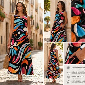 May include: A sleeveless black maxi dress with a vibrant, artistic print featuring colorful swirls and floral accents. The dress has a V-neck and functional pockets. The dress is lightweight and suitable for various occasions.