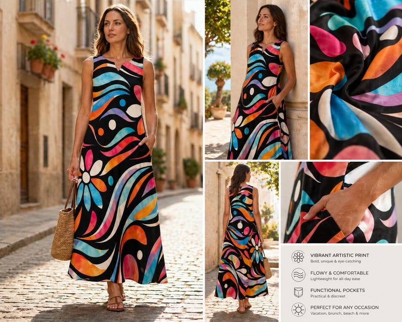 May include: A sleeveless black maxi dress with a vibrant, artistic print featuring colorful swirls and floral accents. The dress has a V-neck and functional pockets. The dress is lightweight and suitable for various occasions.