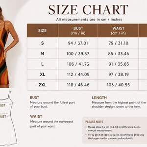 A size chart with measurements for bust, waist, and length in inches and centimeters, next to a full-length image of the dress.