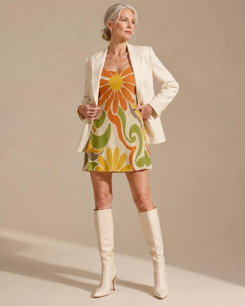 May include: A cream-colored blazer worn over a sleeveless mini dress featuring a bold, multi-colored floral and wavy pattern in shades of orange, yellow, and olive green, paired with cream-colored knee-high boots with pointed toes.