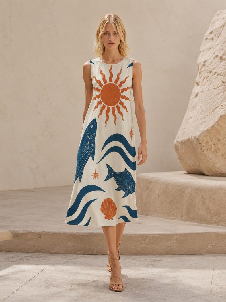 May include: A sleeveless midi dress in an off-white fabric featuring a large orange sun graphic at the chest, blue fish illustrations, blue wave patterns, orange seashell motifs, and small orange star accents distributed across the garment.