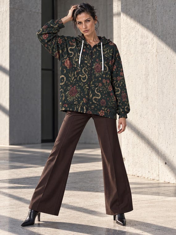 Dark Floral Paisley Long Zip Up Hoodie for Women, Moody Botanical Print