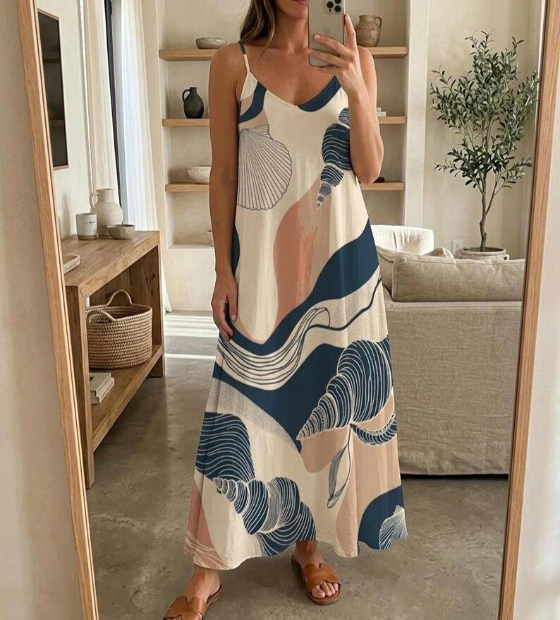 Seashell Print Maxi Dress, Cream Navy Spaghetti Strap Coastal Resort Wear 画像 3