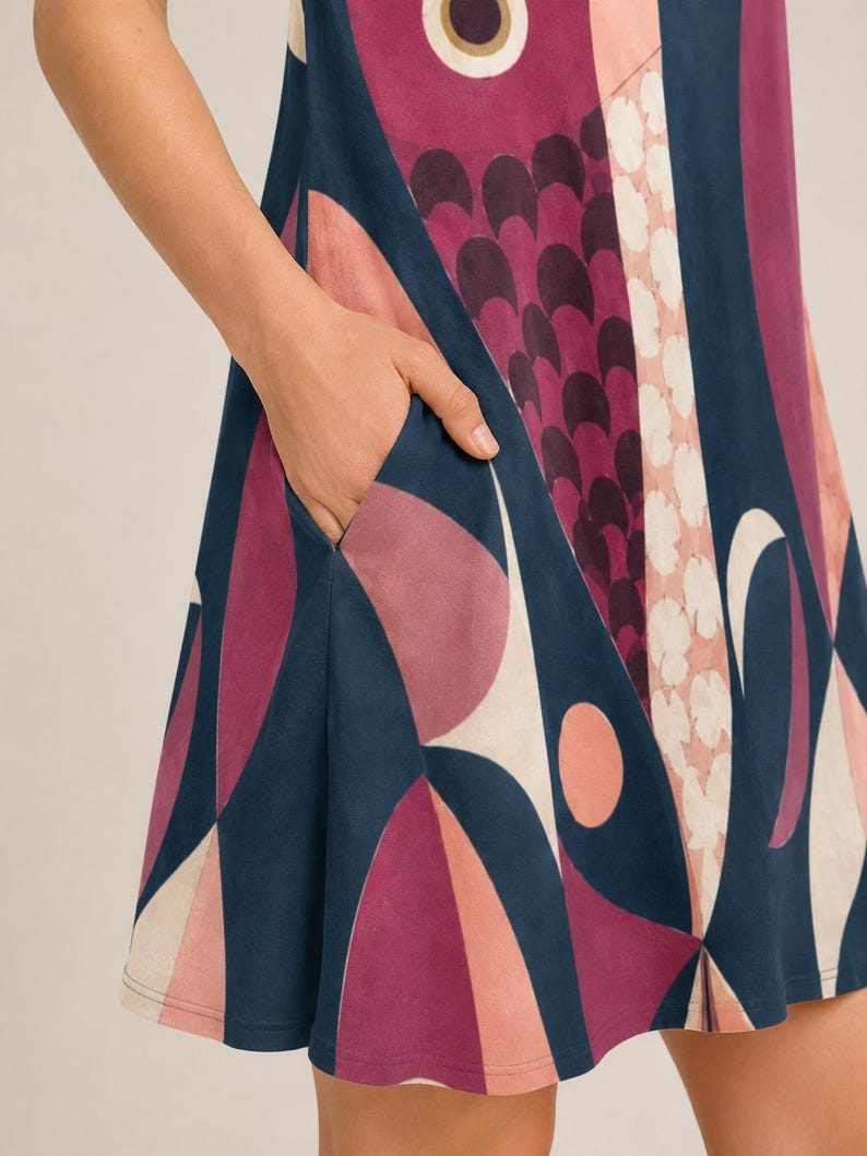May include: A sleeveless dress featuring a bold geometric pattern in shades of deep navy blue, magenta, and soft pink. The garment includes a functional side pocket integrated into the seam, showcasing a repeating abstract design of circles and arcs.