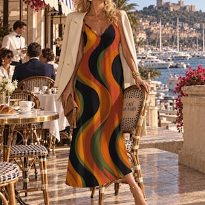 May include: A sleeveless maxi dress featuring a wavy, vertical pattern in shades of orange, yellow, green, and black. The dress has a V-neckline and is worn with a cream-colored blazer draped over the shoulders, gold earrings, and a brown clutch.