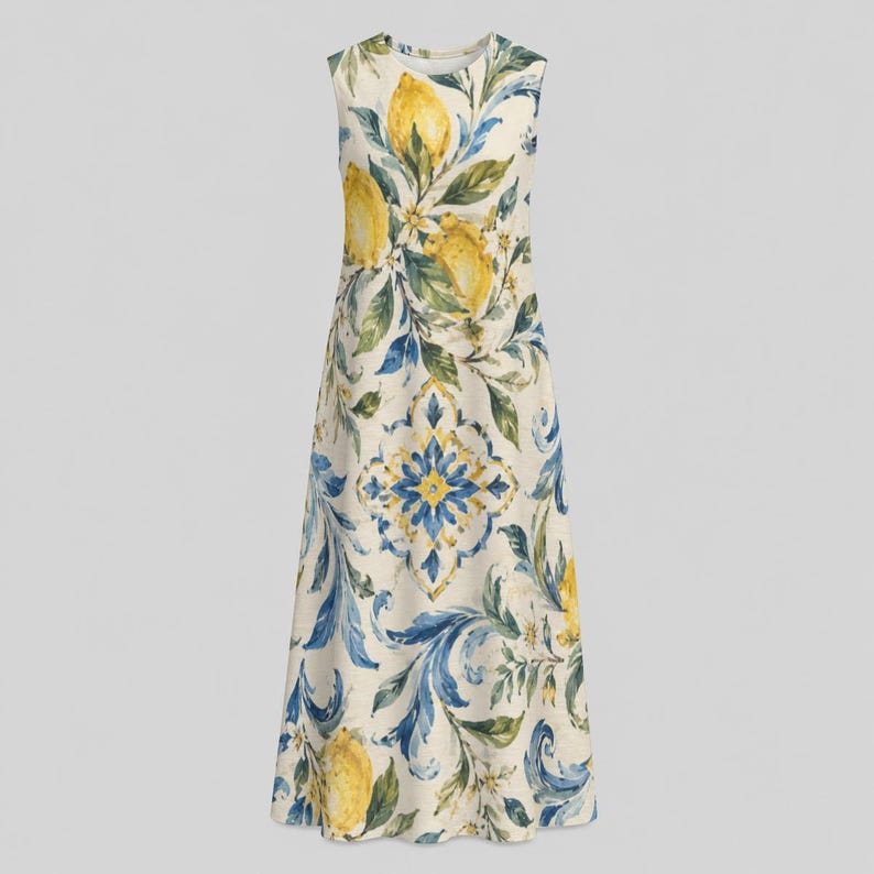 Amalfi Lemon Tile Midi Dress, Sleeveless Cotton Slub A-Line Vacation Resort image 13