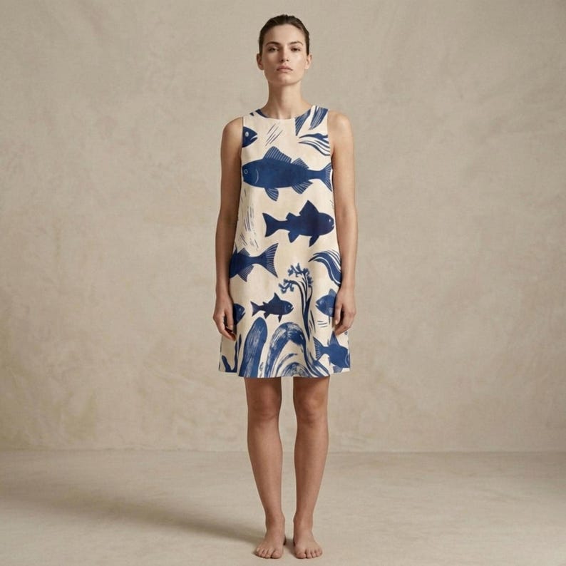 A woman stands barefoot, facing forward, wearing a sleeveless A-line dress with a blue fish and wave pattern on a cream background.