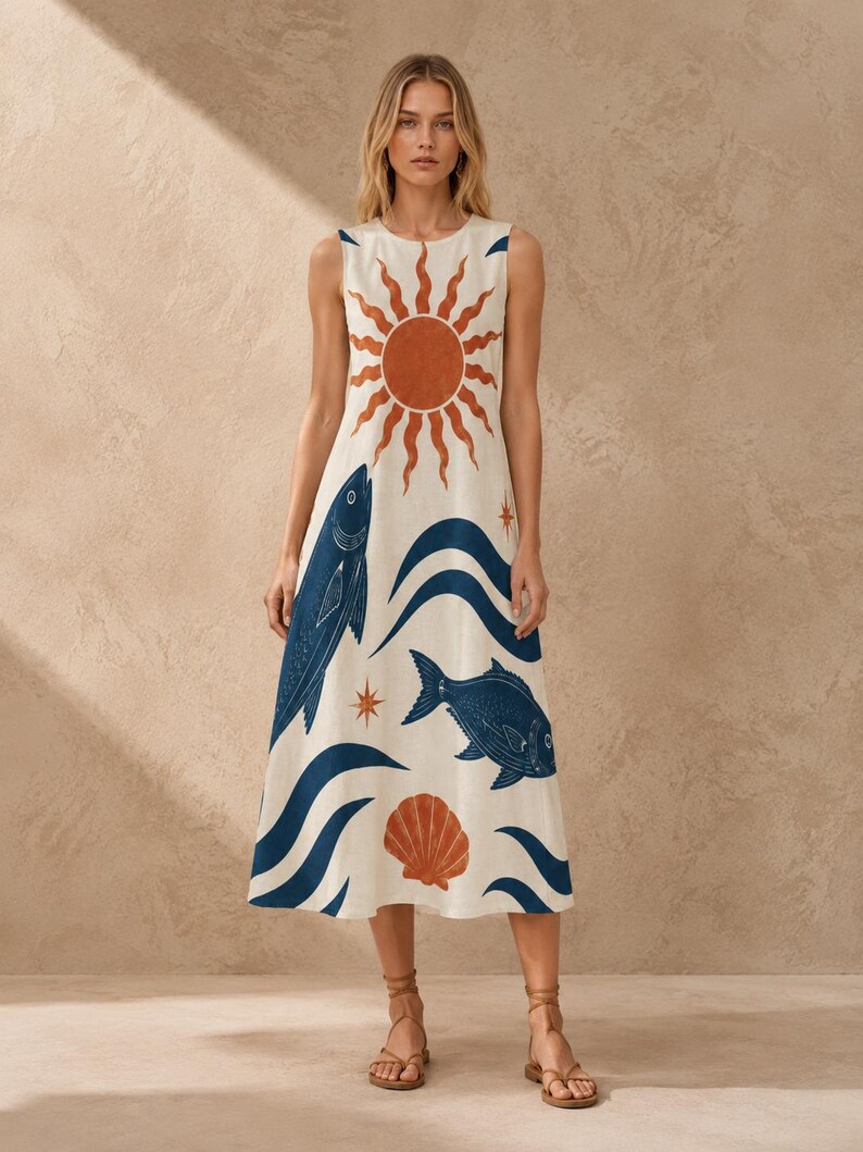May include: A sleeveless midi dress in off-white featuring a large rust-colored sun graphic at the neckline, dark blue fish illustrations, stylized blue waves, and a rust-colored seashell print scattered across the fabric with small star accents.