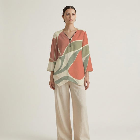 Abstract Leaf Print Blouse, Zipper V-Neck Linen Look Tunic