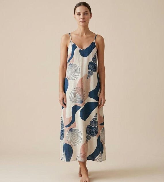 Coastal Abstract Shell Print Maxi Dress, Flowy Sleeveless Resort Wear
