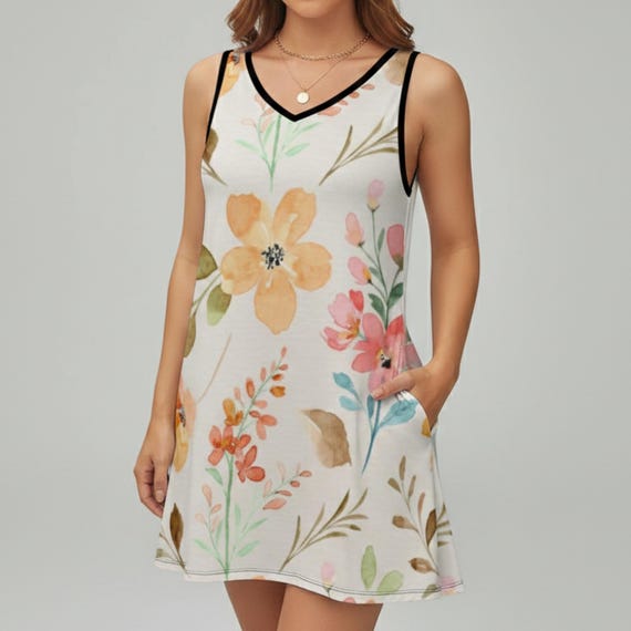 Floral Pocket Sundress, Sleeveless V-Neck Loose Fit Mini Dress, Watercolor Summer Shift