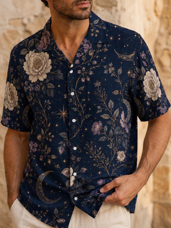 Men’s Celestial Floral Hawaiian Shirt, Navy Camp Collar Resort Button Up