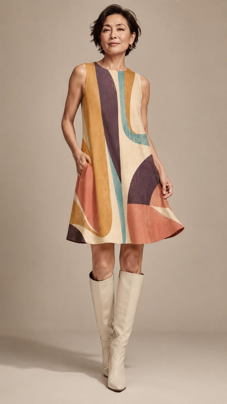 May include: A sleeveless A-line dress featuring a bold abstract pattern in shades of mustard yellow, deep purple, muted teal, and terracotta orange on a cream background, with a round neckline and side pockets, paired with cream knee-high boots.