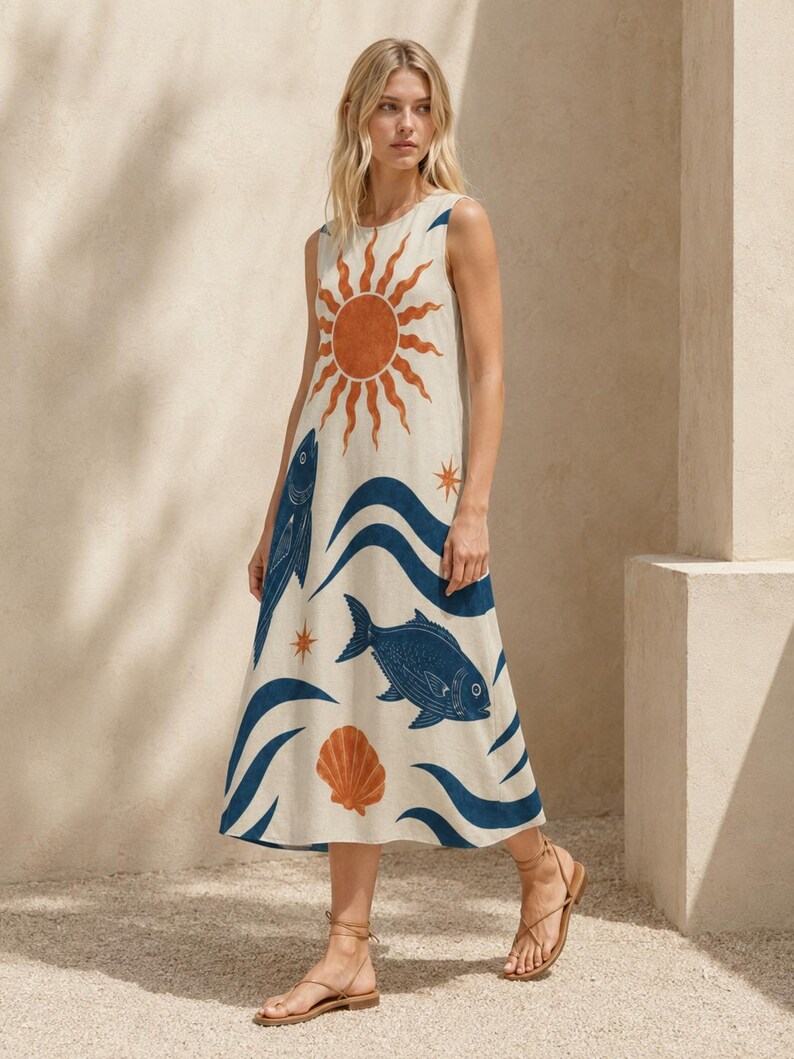 May include: A sleeveless midi dress in an off-white hue featuring a printed pattern of a large orange sun, dark blue fish, wavy blue lines, and orange seashells. The garment has a round neckline and a straight, relaxed silhouette that falls below the knee.